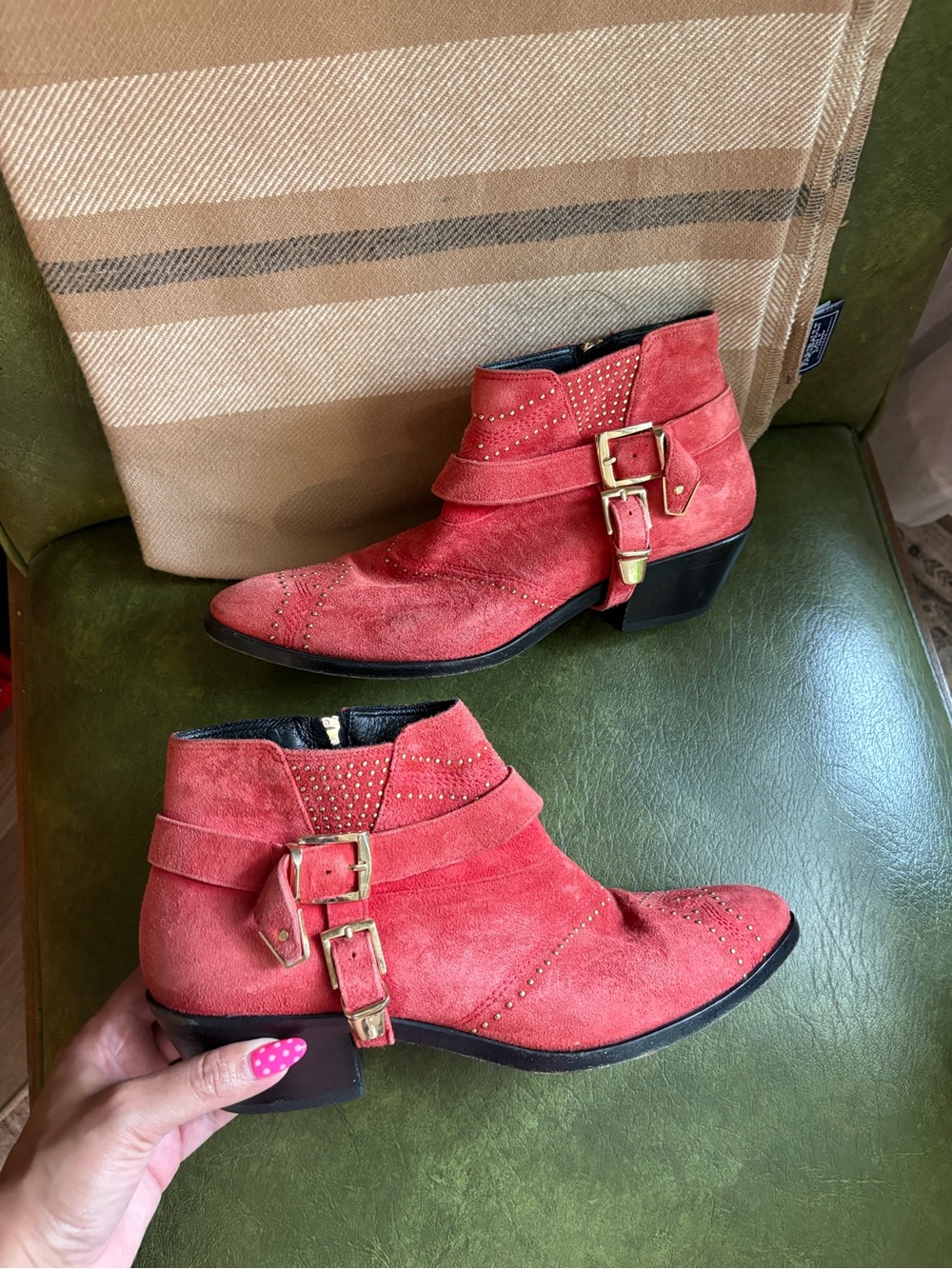 Anine Bing Bianca red suede gold studded boots booties size 10 cowgirl western - Picture 3 of 15